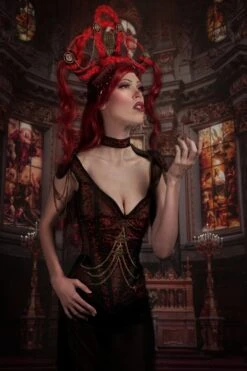 Red Brocade Closed Front Epaulettes Corset -Corset Story WTS828 website 1