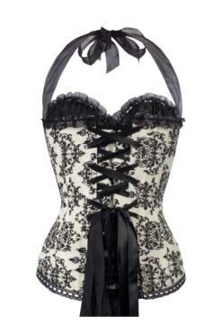 Black And Cream Damask Print Halterneck Corset -Corset Story a3613 back 1