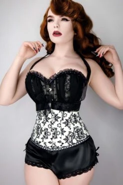Black And Cream Damask Print Halterneck Corset
