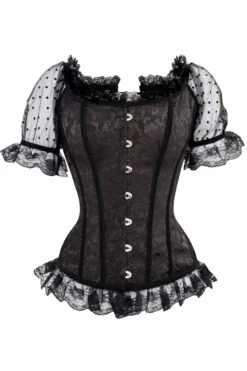 Black Brocade Overbust With Court Neck And Sleeves